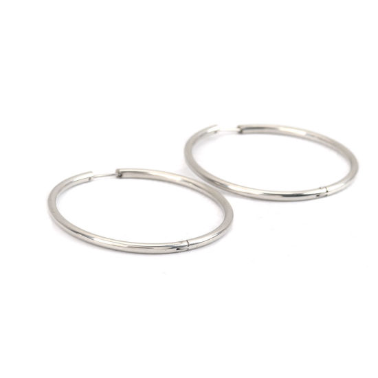 Picture of 304 Stainless Steel Hoop Earrings Silver Tone Round 5.5cm Dia., Post/ Wire Size: (18 gauge), 2 PCs