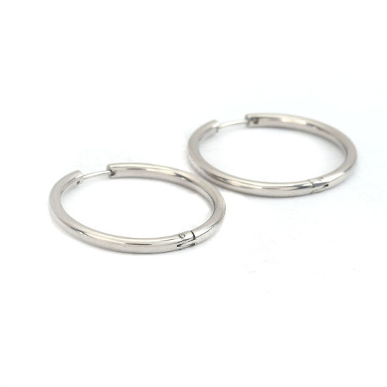 Picture of 304 Stainless Steel Hoop Earrings Silver Tone Round 3.6cm Dia., Post/ Wire Size: (18 gauge), 2 PCs