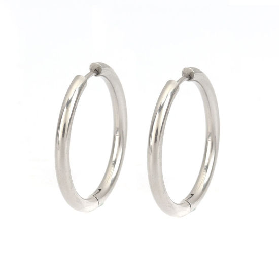 Picture of 304 Stainless Steel Hoop Earrings Silver Tone Round 3.1cm Dia., Post/ Wire Size: (19 gauge), 2 PCs