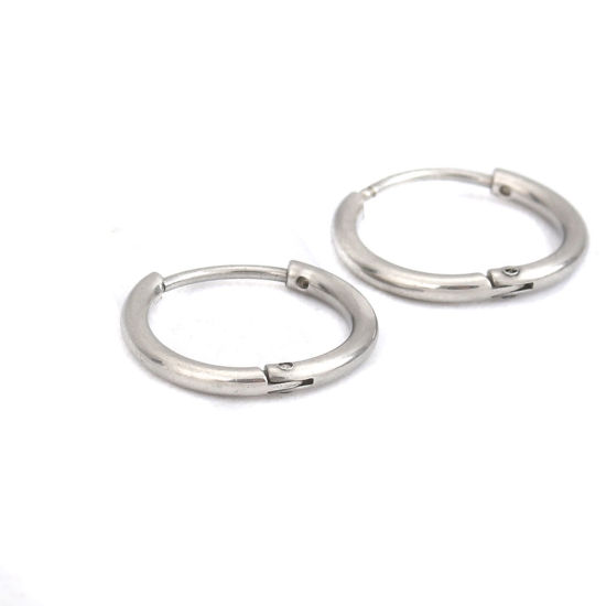 Picture of 304 Stainless Steel Hoop Earrings Silver Tone Round 14mm Dia., Post/ Wire Size: (20 gauge), 2 PCs