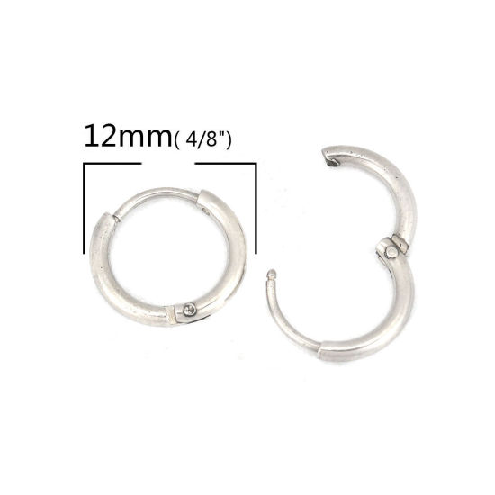Picture of 304 Stainless Steel Hoop Earrings Silver Tone Round 12mm Dia., Post/ Wire Size: (21 gauge), 2 PCs