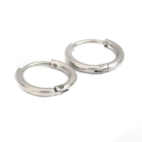 Picture of 304 Stainless Steel Hoop Earrings Silver Tone Round 12mm Dia., Post/ Wire Size: (21 gauge), 2 PCs
