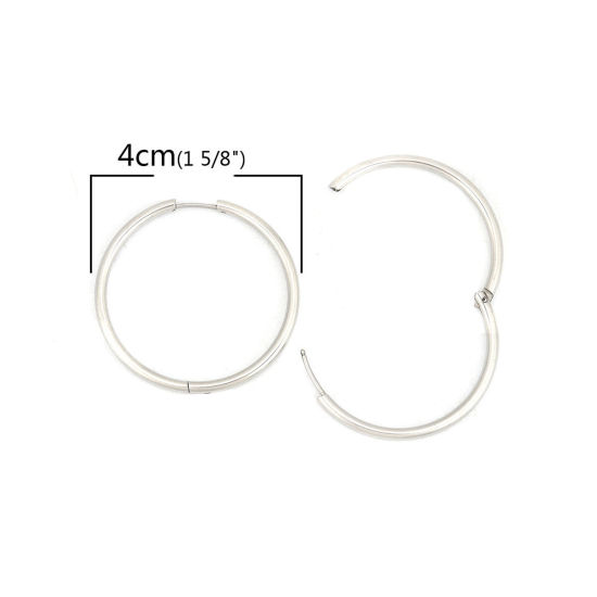 Picture of 304 Stainless Steel Hoop Earrings Silver Tone Round 4cm Dia., Post/ Wire Size: (19 gauge), 2 PCs