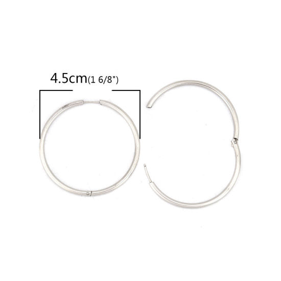Picture of 304 Stainless Steel Hoop Earrings Silver Tone Round 4.5cm Dia., Post/ Wire Size: (18 gauge), 2 PCs