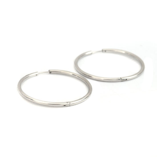 Picture of 304 Stainless Steel Hoop Earrings Silver Tone Round 4.5cm Dia., Post/ Wire Size: (18 gauge), 2 PCs