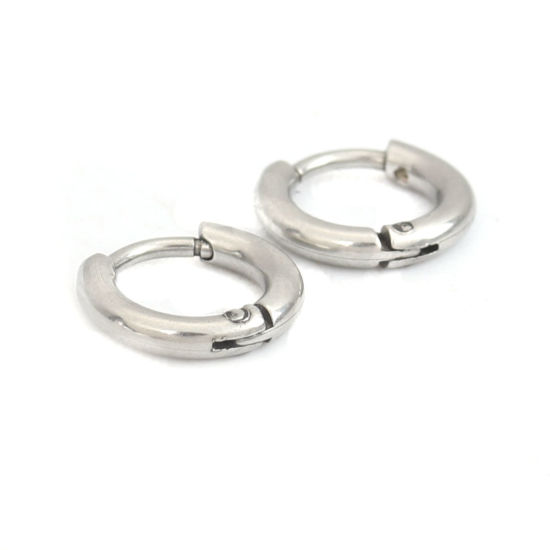 Picture of 304 Stainless Steel Hoop Earrings Silver Tone Round 11mm Dia., Post/ Wire Size: (19 gauge), 2 PCs