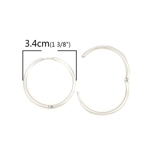 Picture of 304 Stainless Steel Hoop Earrings Silver Tone Round 3.4cm Dia., Post/ Wire Size: (19 gauge), 2 PCs