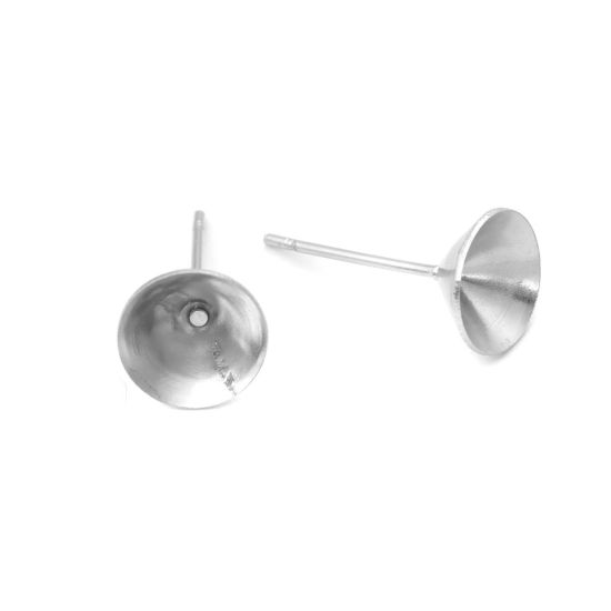 Picture of 304 Stainless Steel Ear Post Stud Earrings Round Silver Tone (Can Hold SS38 Pointed Back Rhinestone) 8mm Dia., Post/ Wire Size: (21 gauge), 50 PCs