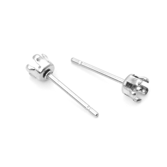 Picture of 304 Stainless Steel Ear Post Stud Earrings Round Silver Tone Cabochon Settings (Fits 3mm Dia.) 4mm Dia., Post/ Wire Size: (21 gauge), 20 PCs