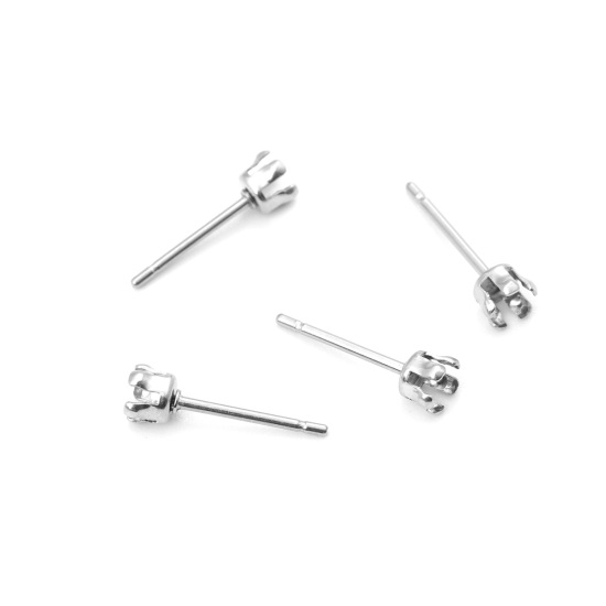 Picture of 304 Stainless Steel Ear Post Stud Earrings Round Silver Tone Cabochon Settings (Fits 3mm Dia.) 4mm Dia., Post/ Wire Size: (21 gauge), 20 PCs