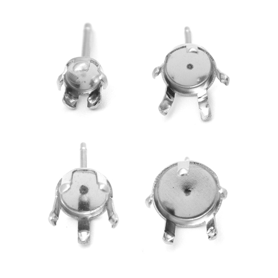 Picture of 304 Stainless Steel Ear Post Stud Earrings Round Silver Tone Cabochon Settings (Fits 3mm Dia.) 4mm Dia., Post/ Wire Size: (21 gauge), 20 PCs