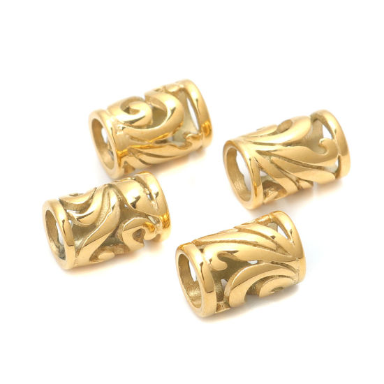 Imagen de 1 Unidad Recubrimiento al Vacío PVD Ecológico 304 Acero Inoxidable Cuentas Para Hacer Joyas De Bricolaje Chapado en Oro Cilíndrico Filigrana 10mm x 7mm, Agujero: Aprox 5mm