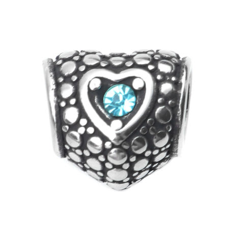 1 Piece 304 Stainless Steel Valentine's Day European Style Large Hole Charm Beads Antique Silver Color Heart Dot Light Blue Rhinestone 11mm x 10mm, Hole: Approx 5mm