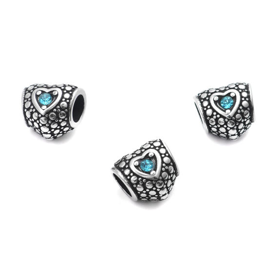 Image de 1 Pièce Perles à Gros Trou de Style Européen La Saint Valentin en 304 Acier Inoxydable Argent Vieilli Cœur à Pois à Strass Bleu Clair 11mm x 10mm, Trou: env. 5mm
