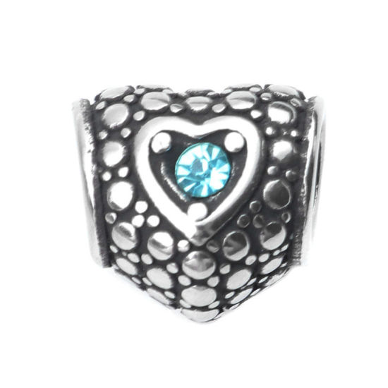 Image de 1 Pièce Perles à Gros Trou de Style Européen La Saint Valentin en 304 Acier Inoxydable Argent Vieilli Cœur à Pois à Strass Bleu Clair 11mm x 10mm, Trou: env. 5mm