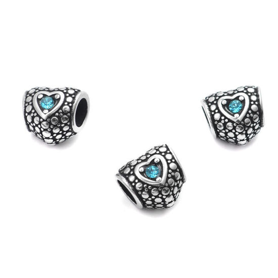 Image de 1 Pièce Perles à Gros Trou de Style Européen La Saint Valentin en 304 Acier Inoxydable Argent Vieilli Cœur à Pois à Strass Bleu Clair 11mm x 10mm, Trou: env. 5mm