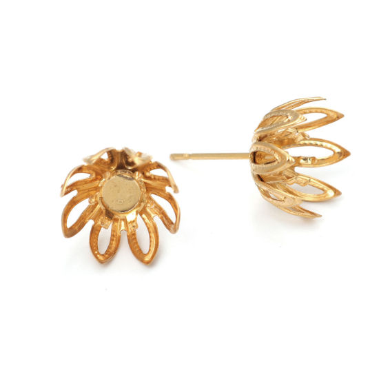 Immagine di 304 Acciaio Inossidabile Orecchini a Perno Fiore Oro Placcato Basi per Cabochon (Adatti 6mm) 11mm x 11mm, Posta / Filo Dimensione: (21 misura), 4 Pz