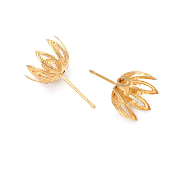 Immagine di 304 Acciaio Inossidabile Orecchini a Perno Fiore Oro Placcato Basi per Cabochon (Adatti 6mm) 11mm x 11mm, Posta / Filo Dimensione: (21 misura), 4 Pz