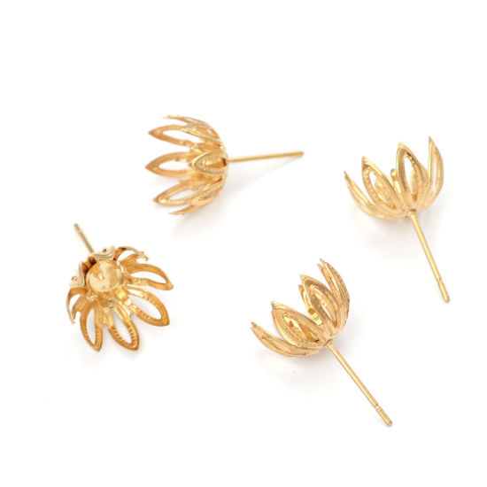 Immagine di 304 Acciaio Inossidabile Orecchini a Perno Fiore Oro Placcato Basi per Cabochon (Adatti 6mm) 11mm x 11mm, Posta / Filo Dimensione: (21 misura), 4 Pz