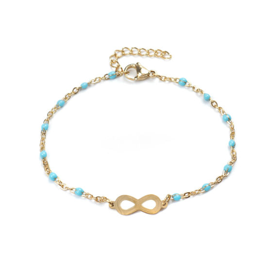 Picture of 304 Stainless Steel Bracelets Gold Plated Light Blue Enamel Infinity Symbol 18cm(7 1/8") long, 1 Piece