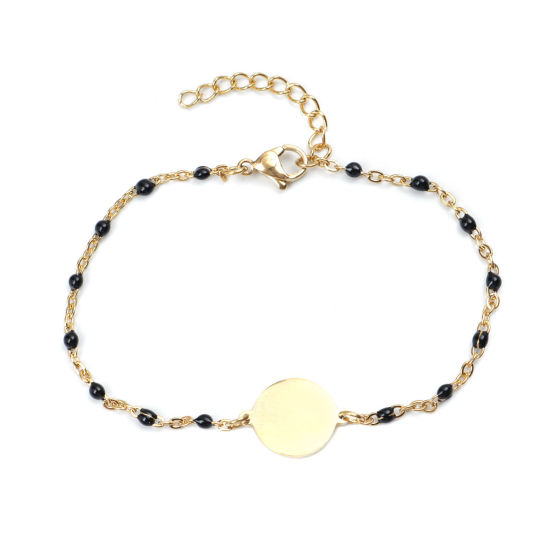 Picture of 304 Stainless Steel Bracelets Gold Plated Black Enamel Round 18cm(7 1/8") long, 1 Piece