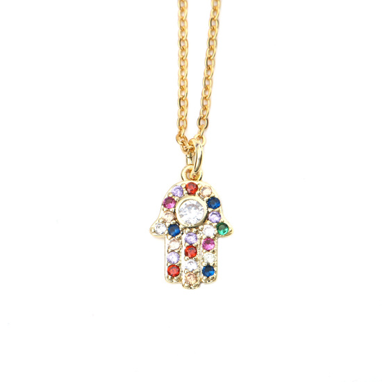 Picture of Stainless Steel & Copper Micro Pave Necklace Gold Plated Hamsa Symbol Hand Multicolour Cubic Zirconia 45cm(17 6/8") long, 1 Piece