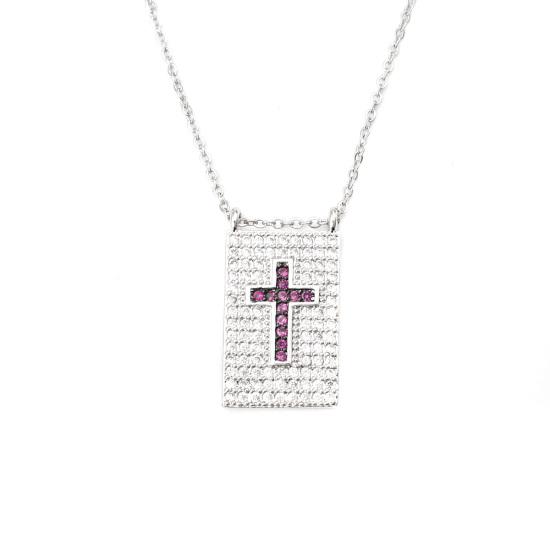 Imagen de Acero Inoxidable & Cobre Micro Pave Collares Tono de Plata Rectángulo Fucsia Circón Artificial 45cm longitud, 1 Unidad