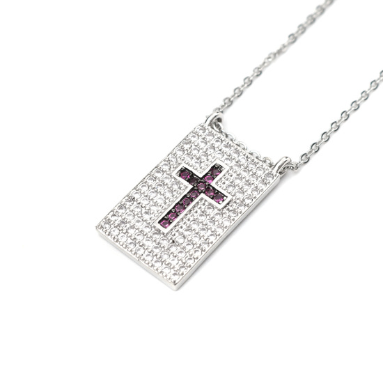 Imagen de Acero Inoxidable & Cobre Micro Pave Collares Tono de Plata Rectángulo Fucsia Circón Artificial 45cm longitud, 1 Unidad