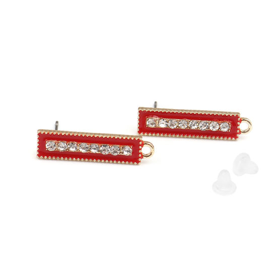Picture of Zinc Based Alloy Ear Post Stud Earrings Findings Rectangle Gold Plated Red W/ Loop Clear Rhinestone 23mm x 6mm, Post/ Wire Size: (21 gauge), 4 PCs