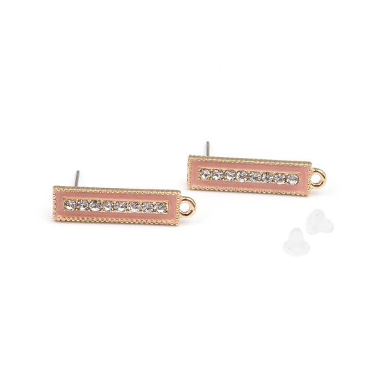 Picture of Zinc Based Alloy Ear Post Stud Earrings Findings Rectangle Gold Plated Pink W/ Loop Clear Rhinestone 23mm x 6mm, Post/ Wire Size: (21 gauge), 4 PCs