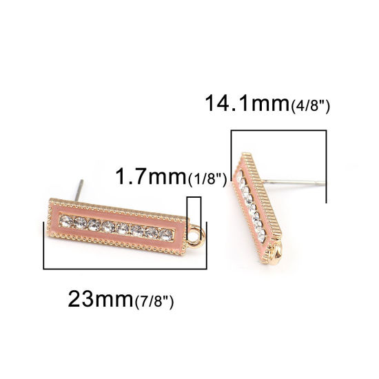 Picture of Zinc Based Alloy Ear Post Stud Earrings Findings Rectangle Gold Plated Pink W/ Loop Clear Rhinestone 23mm x 6mm, Post/ Wire Size: (21 gauge), 4 PCs