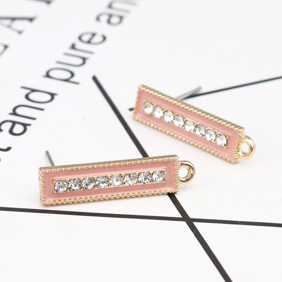 Picture of Zinc Based Alloy Ear Post Stud Earrings Findings Rectangle Gold Plated Pink W/ Loop Clear Rhinestone 23mm x 6mm, Post/ Wire Size: (21 gauge), 4 PCs
