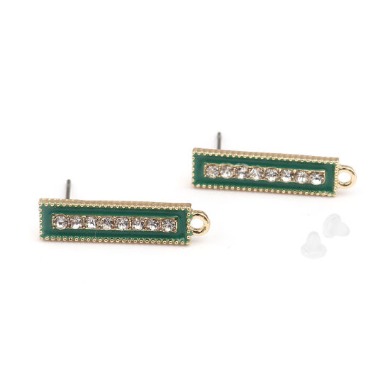 Picture of Zinc Based Alloy Ear Post Stud Earrings Findings Rectangle Gold Plated Green W/ Loop Clear Rhinestone 23mm x 6mm, Post/ Wire Size: (21 gauge), 4 PCs