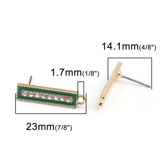 Picture of Zinc Based Alloy Ear Post Stud Earrings Findings Rectangle Gold Plated Green W/ Loop Clear Rhinestone 23mm x 6mm, Post/ Wire Size: (21 gauge), 4 PCs