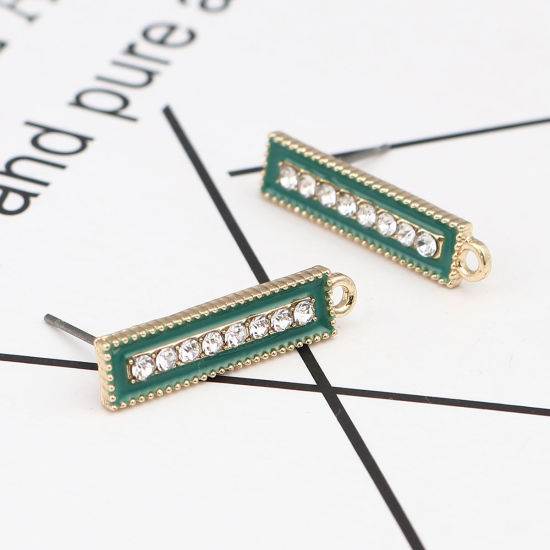 Picture of Zinc Based Alloy Ear Post Stud Earrings Findings Rectangle Gold Plated Green W/ Loop Clear Rhinestone 23mm x 6mm, Post/ Wire Size: (21 gauge), 4 PCs