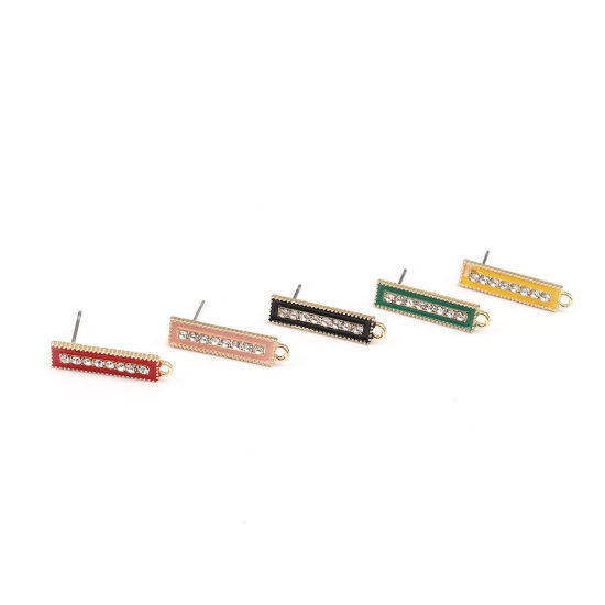 Picture of Zinc Based Alloy Ear Post Stud Earrings Findings Rectangle Gold Plated Green W/ Loop Clear Rhinestone 23mm x 6mm, Post/ Wire Size: (21 gauge), 4 PCs