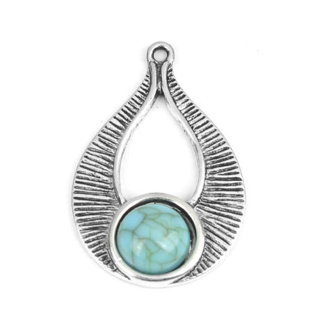 Picture of Zinc Based Alloy & Turquoise Boho Chic Bohemia Pendants Drop Antique Silver Color Blue Hollow 3.5cm x 2.3cm, 5 PCs