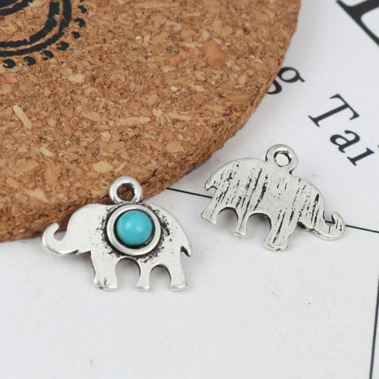Picture of Zinc Based Alloy & Turquoise Boho Chic Bohemia Charms Half Moon Antique Silver Color Blue 17mm x 11mm, 10 PCs