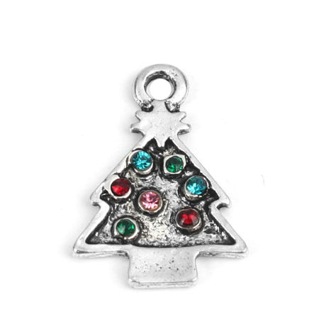 Bild von Zinklegierung Charms Weihnachten Weihnachtsbaum Antiksilber Bunt Strass 18mm x 14mm, 10 Stück