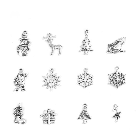 Picture of Zinc Based Alloy Charms Sika Deer Antique Silver Color Christmas Tree 27mm x 13mm - 17mm x 8mm, 1 Set ( 12 PCs/Set)