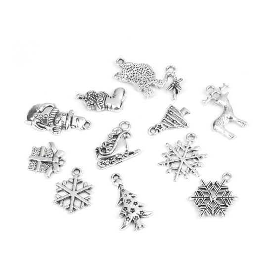 Imagen de Zamak Colgantes Charms Ciervo SIKA Plata Antigua Árbol Navideño Navidad 27mm x 13mm - 17mm x 8mm, 1 Juego ( 12 Unidades/Juego)