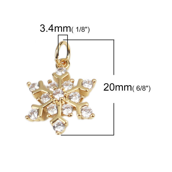 真鍮 天気コレクション チャーム 金メッキ クリスマス・スノーフレーク マイクロパヴェ 透明 ラインストーン 20mm x 14mm、 1 個 の画像