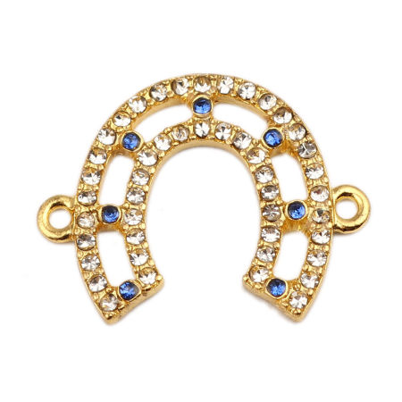 Lega di Zinco Connettore Accessori Ferro di Cavallo 18K Vero Oro Placcato Bianco & Blu Filigrana Trasparente & Blu Strass 25mm x 20mm, 5 Pz