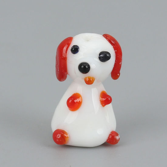 Picture of Lampwork Glass Beads Dog Animal White & Red About 21mm x 13mm, 2 PCs