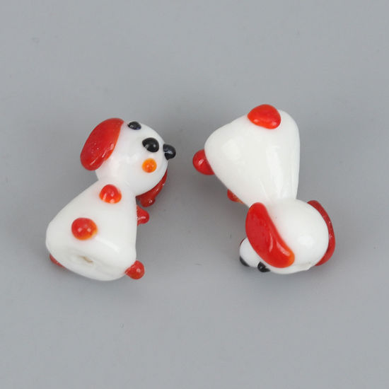 Image de Perles en Verre Chien Blanc & Rouge 21mm x 13mm, 2 Pcs