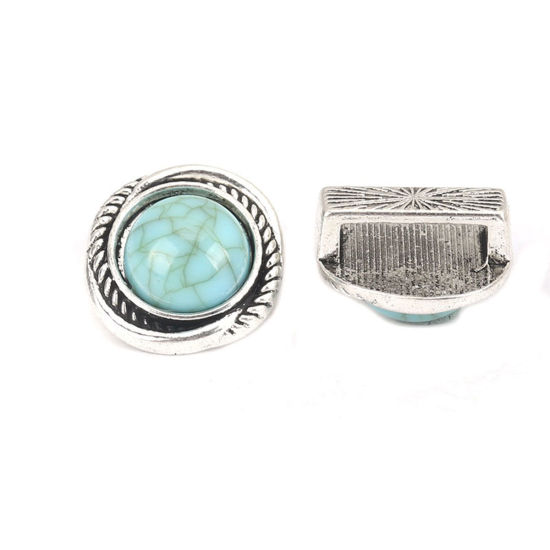 Picture of Zinc Based Alloy Slide Beads Irregular Antique Silver Color Green Blue About 16mm x 15mm, Hole:Approx 10.9mm x 2.7mm 5 PCs