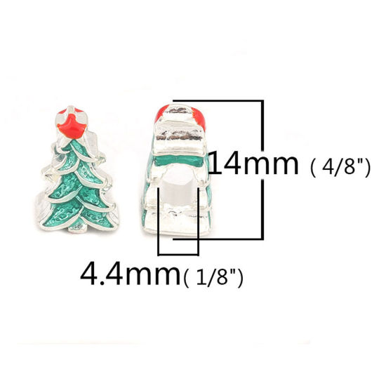Picture of Zinc Based Alloy Beads Christmas Tree Silver Plated Red & Green Enamel About 14mm x 10mm, Hole: Approx 4.4mm, 5 PCs
