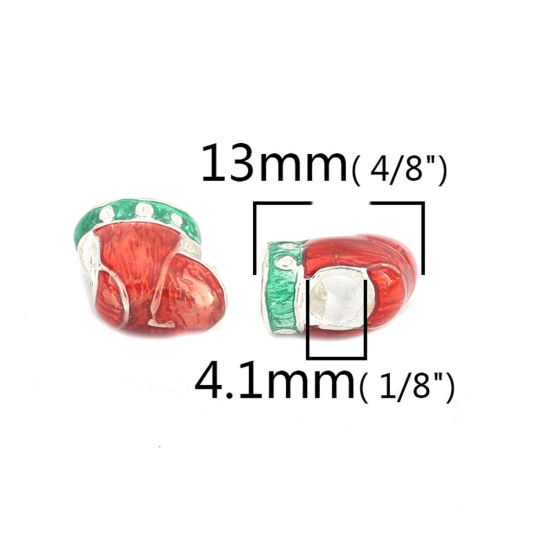 Immagine di Lega di Zinco Natale Perline Calze Argento Placcato Rosso & Verde Smalto (Può Tenere ss4 Strass Appuntito Indietro) Circa 13mm x 13mm, Foro:Circa 4.1mm, 5 Pz