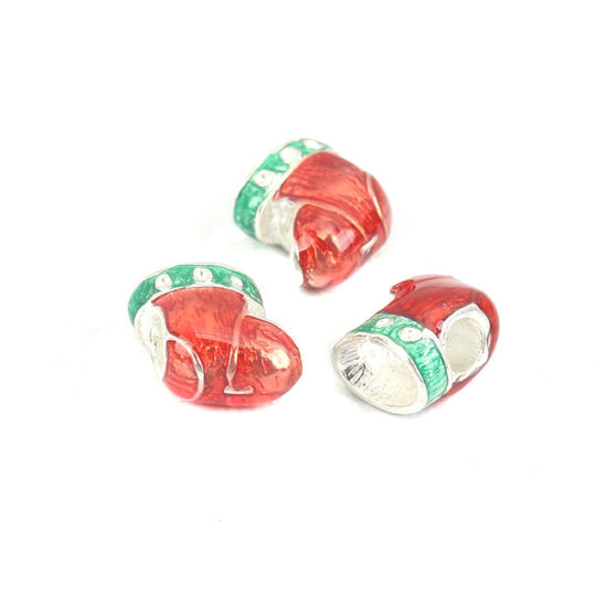 Immagine di Lega di Zinco Natale Perline Calze Argento Placcato Rosso & Verde Smalto (Può Tenere ss4 Strass Appuntito Indietro) Circa 13mm x 13mm, Foro:Circa 4.1mm, 5 Pz