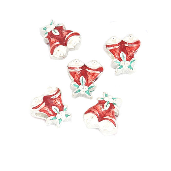 Immagine di Lega di Zinco Perline Natale Jingling Campanello Argento Placcato Rosso & Verde Smalto (Può Tenere ss4 Strass Appuntito Indietro) Circa 13mm x 12mm, Foro:Circa 4.1mm, 5 Pz